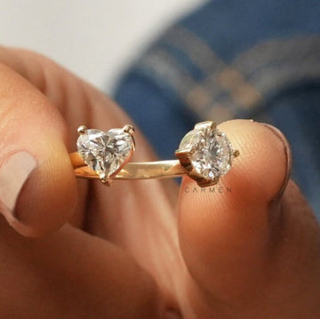 2.00 Carat Toi et Moi Engagement Ring Open Cuff, IGI Certified Lab Grown Diamonds, 1 Ct Round & 1 Ct Heart, E/F VS2, 14k Yellow Gold